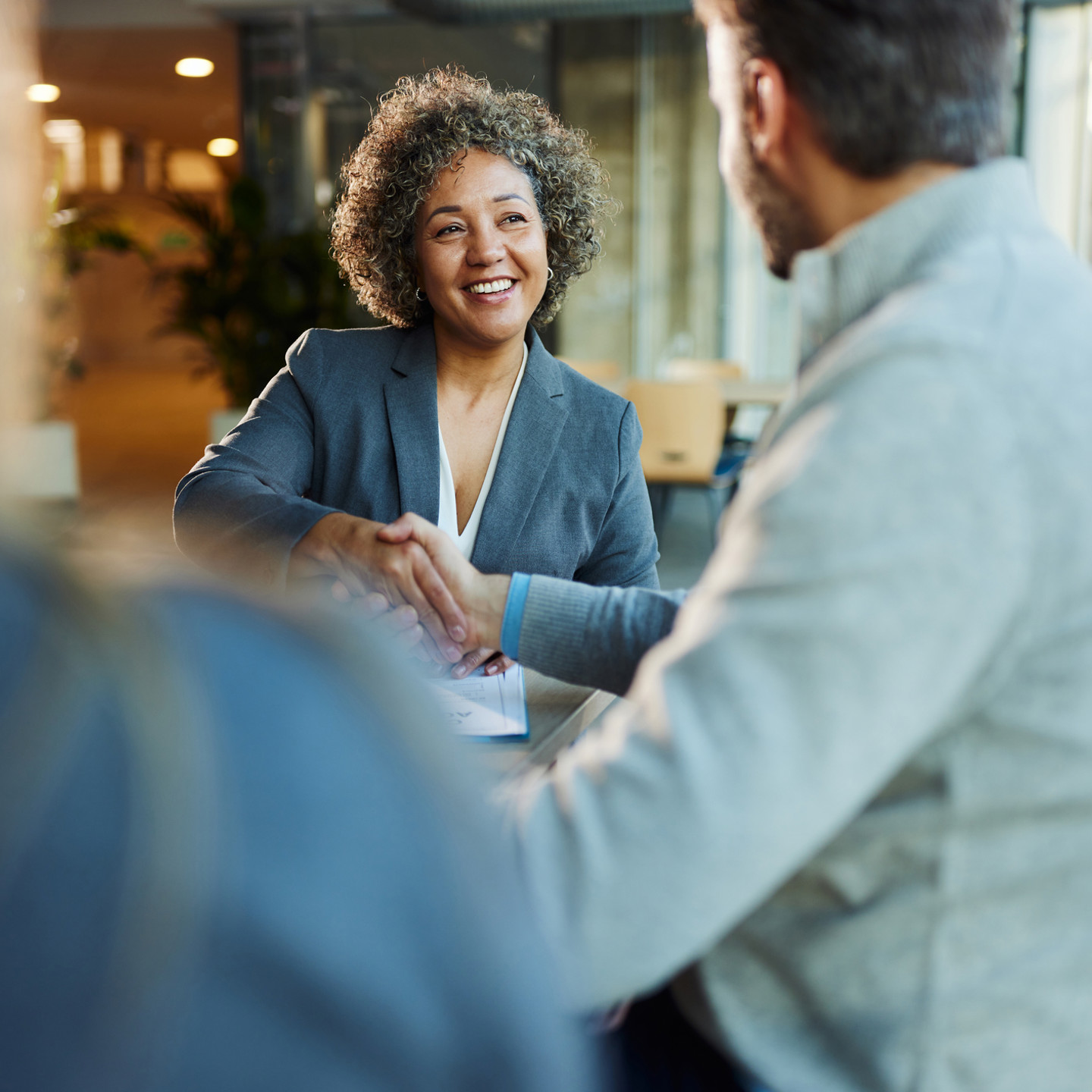 Happy multiracial businesswoman came to an agreement with her colleague during a meeting in the office.