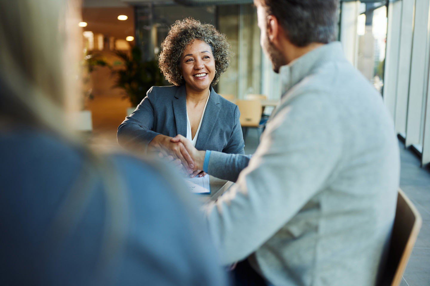 Happy multiracial businesswoman came to an agreement with her colleague during a meeting in the office.